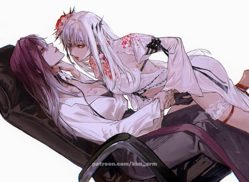 2girls, artist_name, black_gloves, black_pants, breasts, chair, cleavage, commentary