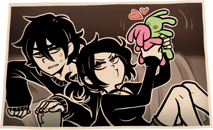 1boy, 1girl, andrew_graves, ashley_graves, black_hair, black_sweater, brother_and_sister, cup