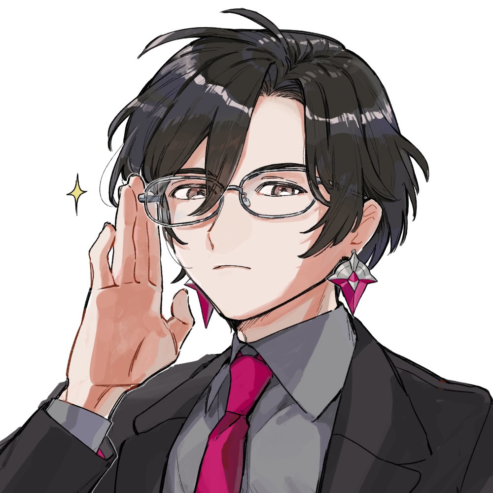 1boy, adjusting_eyewear, alternate_costume, bespectacled, black_hair, black_jacket, black_suit, brown_eyes