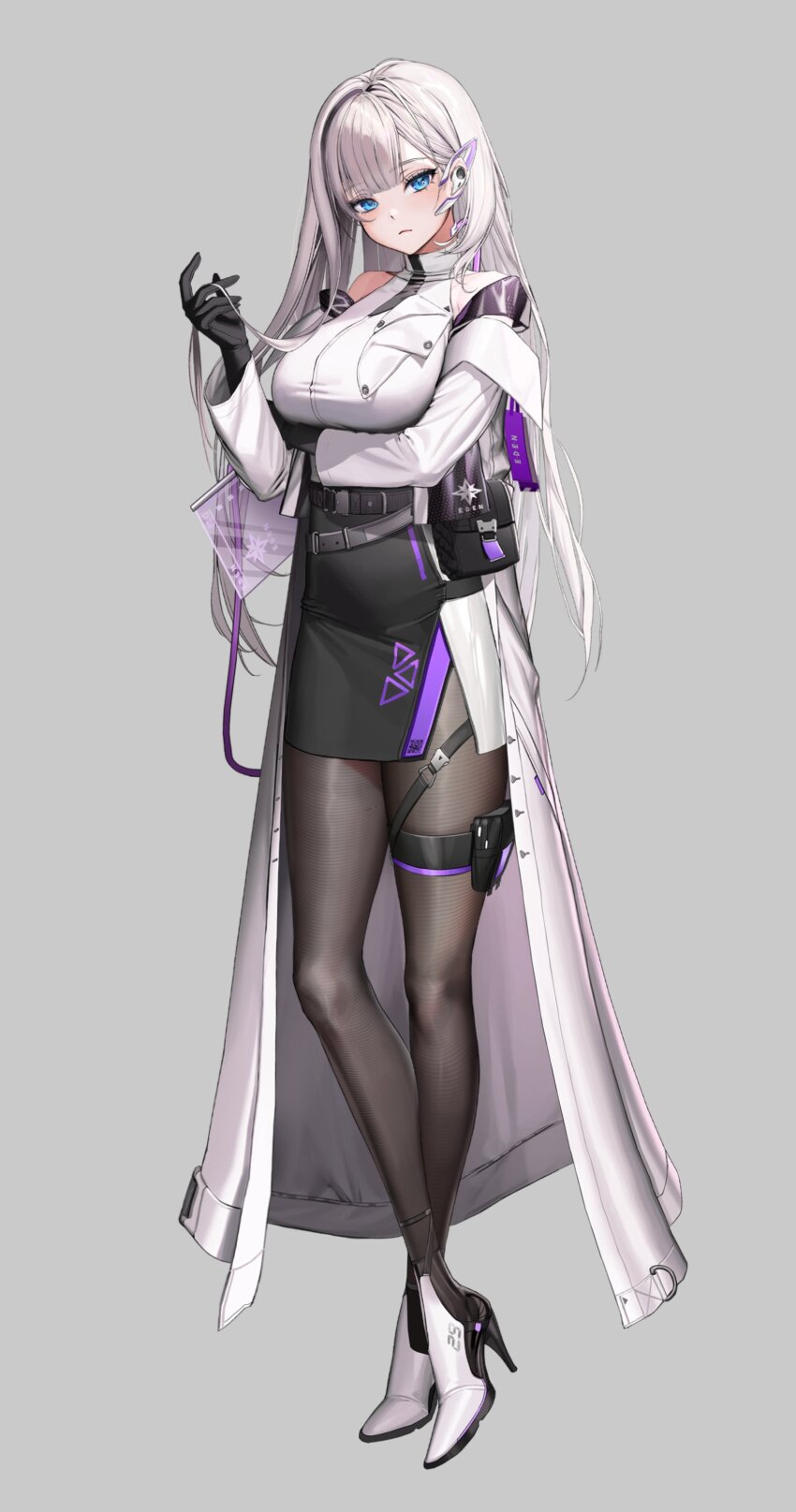 1girl, absurdres, ankle_boots, arm_under_breasts, artist_request, bare_shoulders, belt, belt_pouch