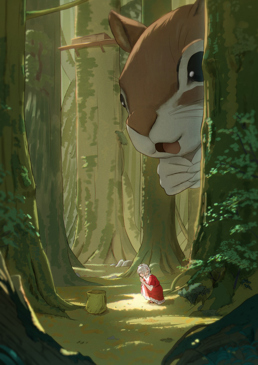 1girl, absurdres, animal, basket, dress, elf, elu_(8th_costume)_(nijisanji), elu_(nijisanji)