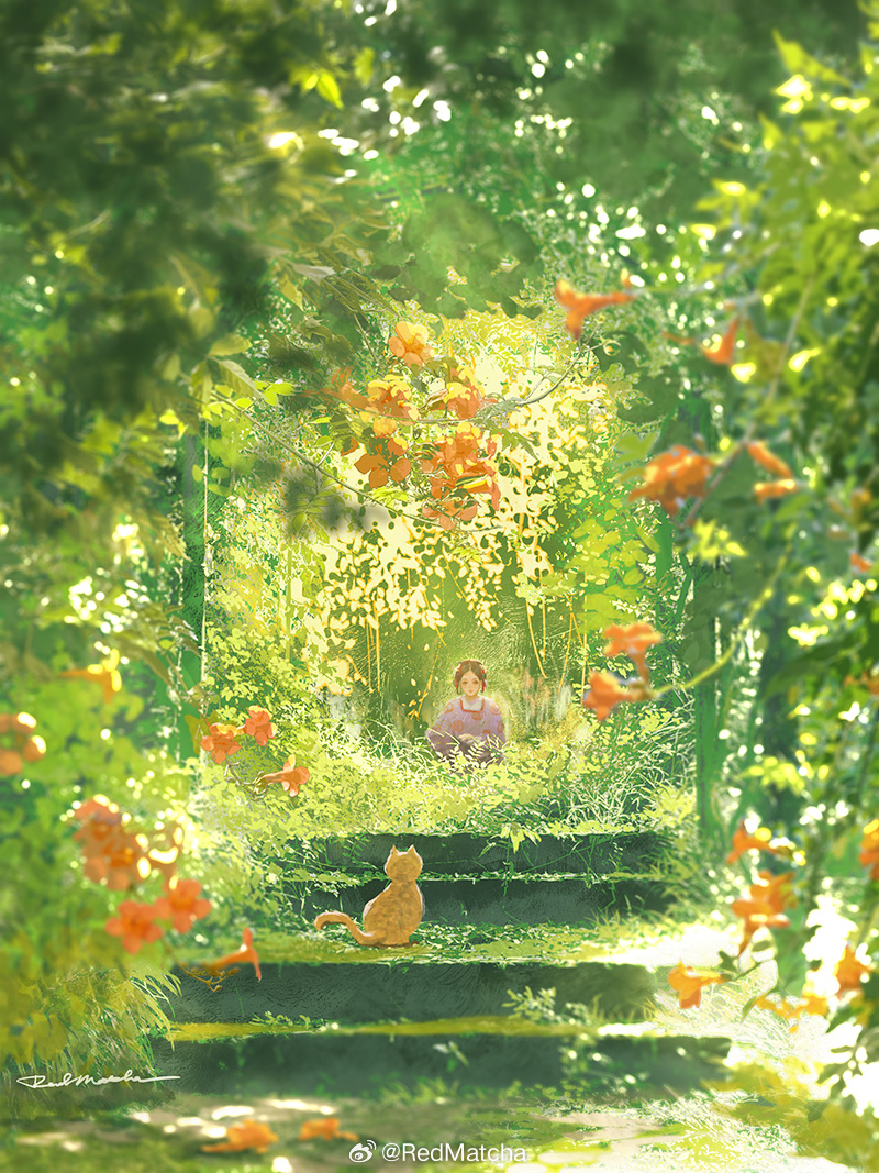 1girl, arch, artist_name, bow-shaped_hair, brown_eyes, brown_hair, cat, chinese_clothes