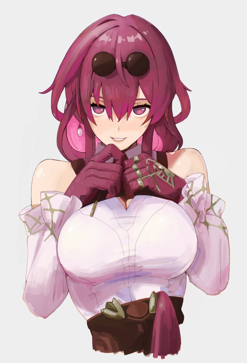 1girl, absurdres, bare_shoulders, bchan1582, blush, breasts, chest_harness, collared_shirt