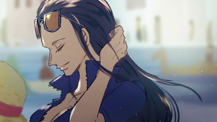 1boy, 1girl, bad_id, bad_twitter_id, black_hair, blue_vest, blurry, blurry_background, breasts, cleavage, close-up, closed_eyes, collarbone, cropped_jacket, eyewear_on_head, floating_hair, hair_slicked_back, hand_in_own_hair, hat, jacket, long_hair, monkey_d._luffy, nico_robin, nico_robin_(return_to_sabaody), one_piece, potechi_norisio, profile, short-sleeved_jacket, short_sleeves, sidelocks, straw_hat, sunglasses, upper_body, vest