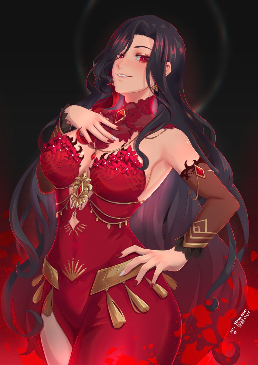 absurdres, araya_rosei, black_hair, breasts, dark-skinned_female, dark_skin, dress, earrings, gem, hand_on_own_chest, hand_on_own_hip, highres, jewelry, large_breasts, long_hair, nijisanji, nijisanji_en, red_dress, red_eyes, red_gem, red_nails, scarle_yonaguni, scarle_yonaguni_(enchantress), side_slit, virtual_youtuber, wavy_hair