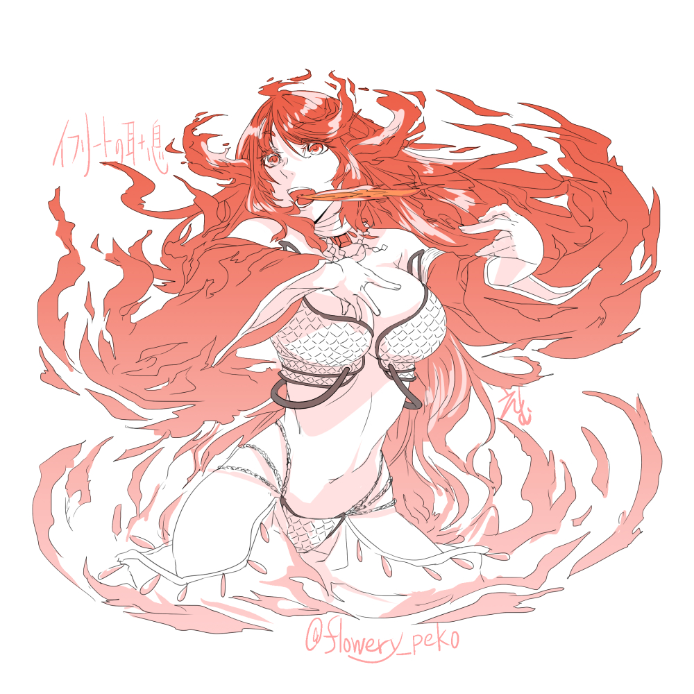 1girl, bikini, breasts, breath_weapon, breathing_fire, cleavage, commentary_request, cowboy_shot