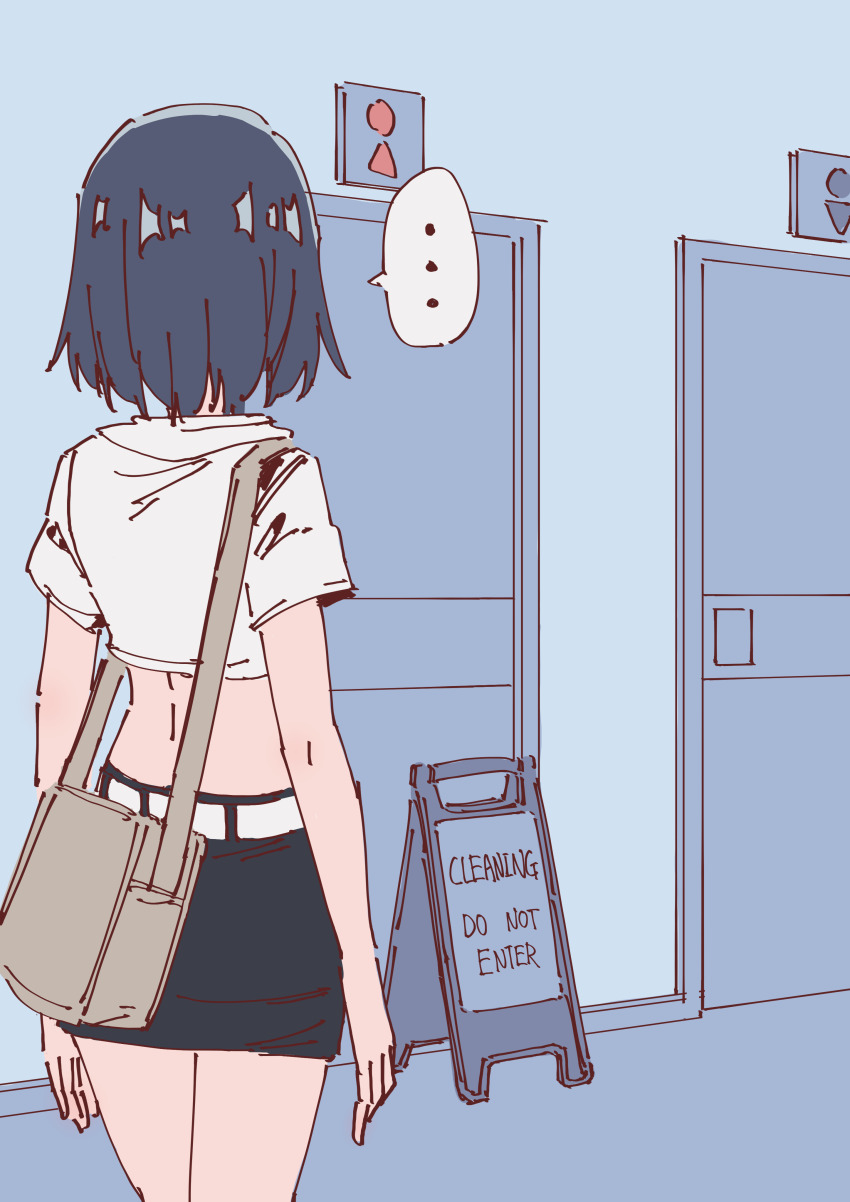 ..., absurdres, bag, bathroom, belt, blue_hair, bob_cut, closed_sign, crop_top, dark_blue_hair, denim, denim_skirt, english_text, highres, messenger_bag, midriff, miniskirt, original, restroom_symbol, rune_(dualhart), shirt, short_hair, shoulder_bag, sign, skirt, speech_bubble, spoken_ellipsis, thalia_(rune_(dualhart)), warning_sign, white_belt, white_shirt
