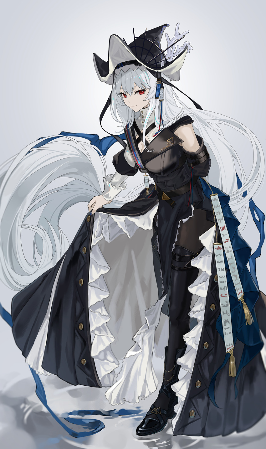 1girl, arknights, black_dress, black_headwear, black_pantyhose, breasts, cleavage, clothes_lift, clothing_cutout, commentary_request, dress, full_body, grey_background, grey_hair, highres, long_hair, looking_at_viewer, medium_breasts, nanase_(nanase_cg), pantyhose, pelvic_curtain, pointy_hat, red_eyes, reflection, shoulder_cutout, simple_background, skirt, skirt_lift, smile, solo, specter_(arknights), specter_the_unchained_(arknights), very_long_hair, water