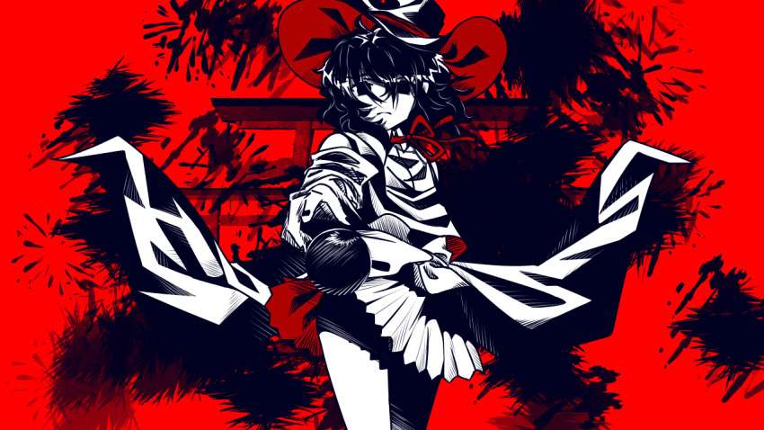 1other, androgynous, chiosu, closed_mouth, commentary_request, cowboy_shot, detached_sleeves, enraku_tsubakura, frown, hakama, hakama_short_skirt, hakama_skirt, hat, hat_ribbon, japanese_clothes, len'en, long_sleeves, looking_at_viewer, neck_ribbon, other_focus, partially_colored, red_background, red_ribbon, ribbon, short_hair, skirt, solo