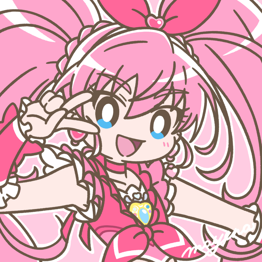 1girl, blue_eyes, blush, bow, braid, bright_pupils, brooch, choker, crown_braid, cure_melody, earrings, eyelashes, frills, hair_ornament, heart, heart_earrings, highres, houjou_hibiki, jewelry, long_hair, looking_at_viewer, magical_girl, mayena, open_mouth, outline, pink_background, pink_bow, pink_choker, pink_hair, precure, ribbon, signature, simple_background, smile, solo, suite_precure, twintails, upper_body, v, v_over_eye, white_outline, white_pupils, wrist_cuffs