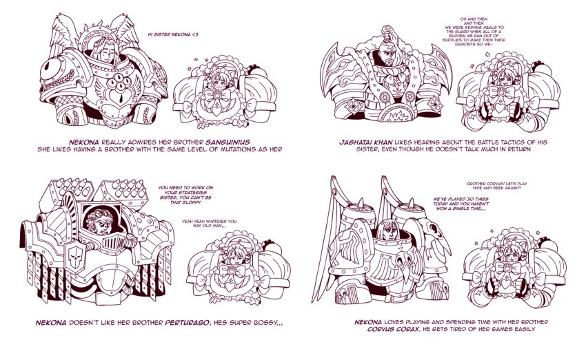 1girl, 4boys, :3, angel, angel_wings, angry, animal_ears, animal_hands, animal_skull, animal_skull_ornament, apron, armor, bald, belt, bird, bird_skull, blood_angels, bow, breastplate, brown_belt, cat_ears, cat_girl, cat_paws, chumiicham, closed_mouth, commentary, corvus_corax_(warhammer), english_commentary, english_text, eye_of_horus_(warhammer), frilled_apron, frills, fur-trimmed_armor, fur_trim, happy, heart, highres, iron_warriors, jaghatai_khan, jetpack, laurel_crown, light_blush, limited_palette, lineart, long_hair, looking_at_another, looking_down, looking_up, maid_apron, maid_headdress, mechabare, mechanical_wings, medium_hair, multiple_boys, nekona_(chumiicham), original, pauldrons, paw_print, perturabo, power_armor, primarch, rerebrace, sanguinius, short_hair, shoulder_armor, simple_background, size_difference, skull_ornament, space_maids_(chumiicham), sparkle, topknot, upper_body, warhammer_40k, white_scars, wildfire_panoply, wings