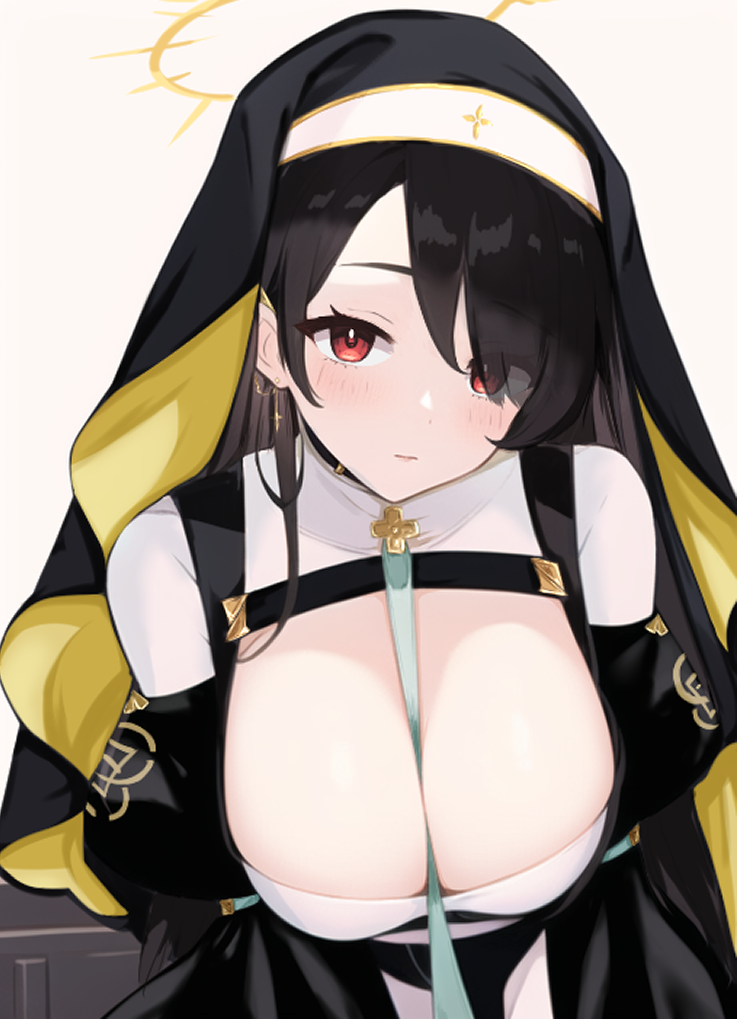 1girl, black_dress, black_hair, blue_archive, breasts, cleavage, cleavage_cutout, closed_mouth