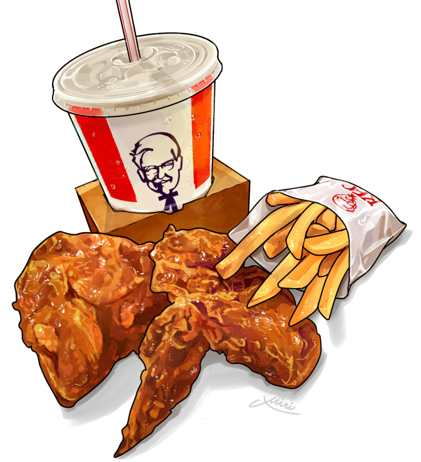 absurdres, chicken_(food), cup, disposable_cup, drinking_straw, food, food_focus, french_fries, fried_chicken, highres, kfc, miri_illust, no_humans, original
