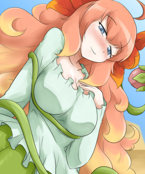 1girl, ahoge, big_hair, bioroid_hei, blue_eyes, blue_sky, blush, breasts, cactus, cactus_girl, casta_(mon-musu_quest!), cleavage, commentary_request, day, dutch_angle, green_shirt, half-closed_eyes, large_breasts, long_hair, long_sleeves, mon-musu_quest!, mon-musu_quest:_paradox, monster_girl, orange_hair, parted_lips, plant, plant_girl, sand, shirt, sky, smile, solo, upper_body, very_long_hair, vines