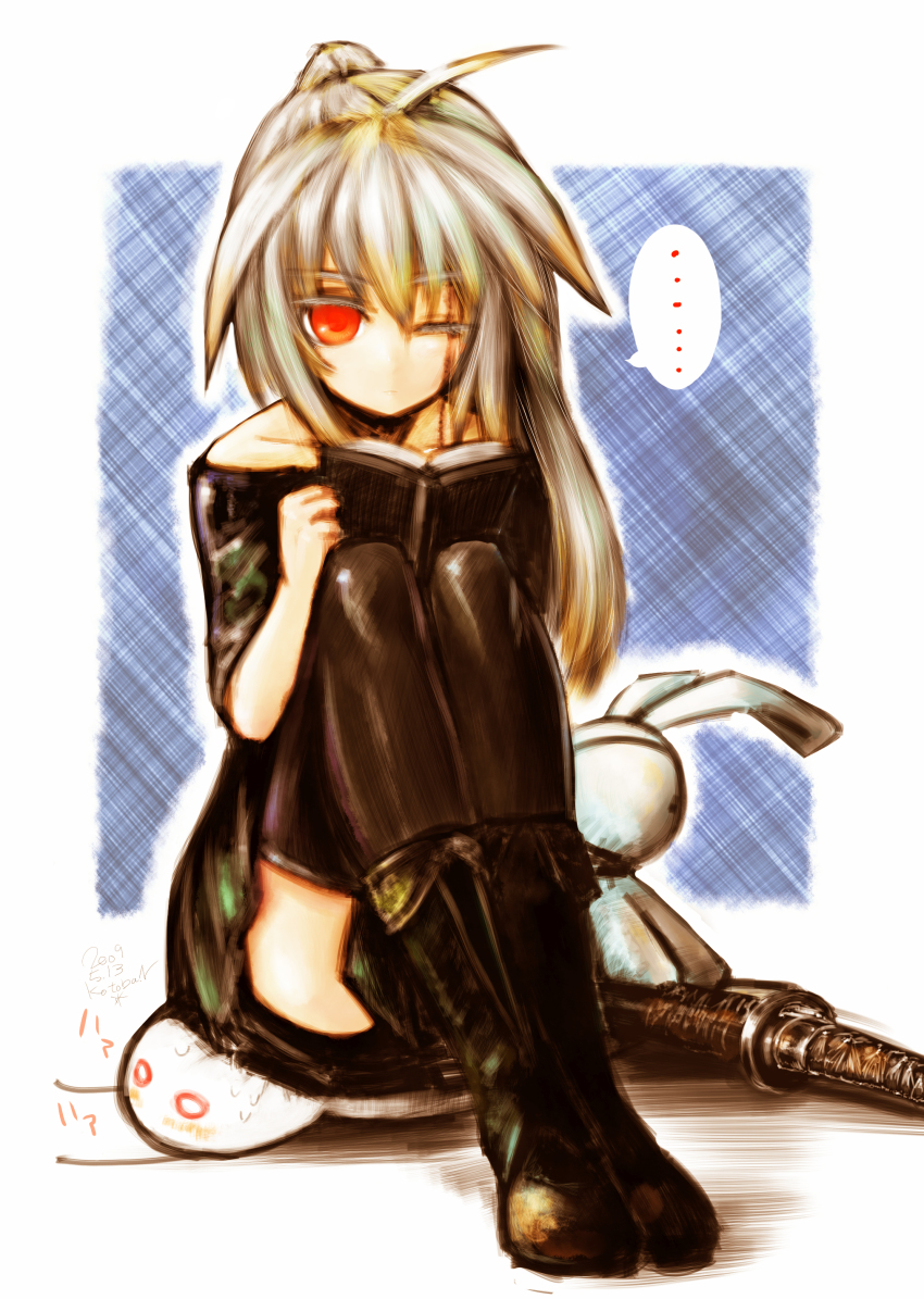 1girl, absurdres, book, boots, dress, female_focus, ghost, hatamoto_(kotoba)