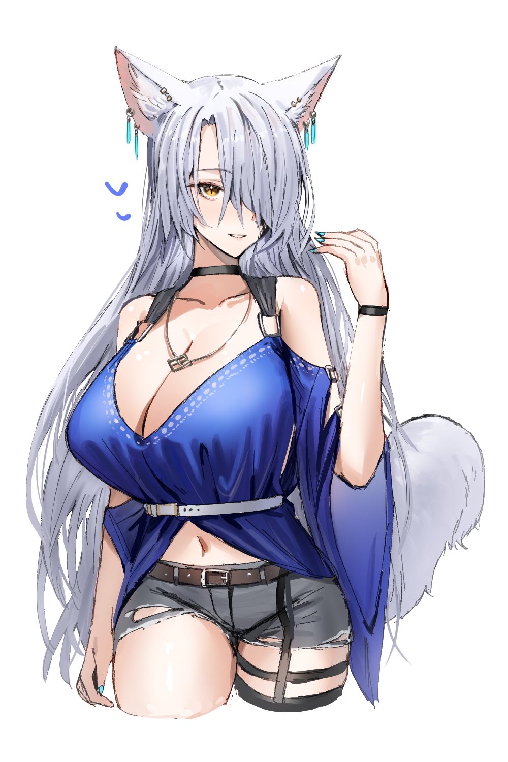 1girl, animal_ear_piercing, animal_ears, arknights, belt, blue_dress, blue_nails, breasts