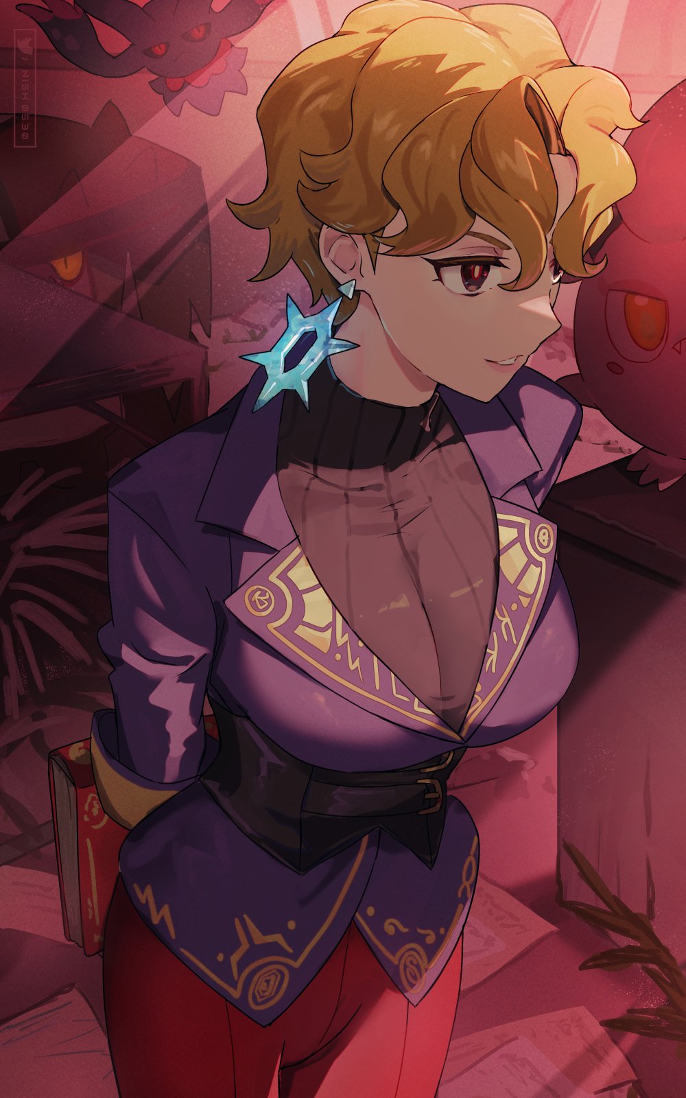 1girl, arms_behind_back, black_eyes, blonde_hair, book, breasts, briar_(pokemon), brute_bonnet