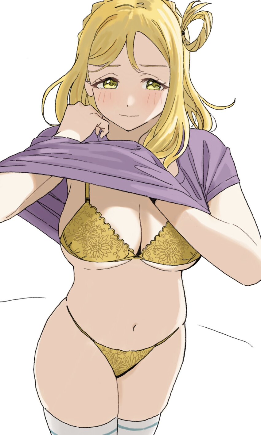 1girl, blonde_hair, blue_eyes, blush, bra, breasts, cleavage, clothes_lift
