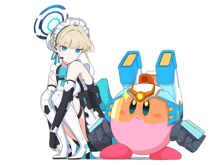 1girl, 1other, 4_m_lacra, apron, belt_pouch, black_gloves, black_skirt, blonde_hair, blue_archive, blue_bow, blue_bowtie, blue_eyes, blue_hair, blue_ribbon, blunt_bangs, boots, bow, bowtie, braid, bun_cover, chest_harness, commentary_request, copy_ability, crossover, earpiece, elbow_gloves, fingerless_gloves, frilled_apron, frills, gloves, hair_bun, hair_ribbon, half_up_braid, halo, harness, headset, high_heel_boots, high_heels, highres, holster, kirby, kirby_(series), long_hair, looking_at_another, maid_apron, maid_headdress, mecha_kirby, miniskirt, multicolored_hair, nintendo, pouch, ribbon, sidelocks, simple_background, single_hair_bun, size_difference, skirt, skirt_set, squatting, streaked_hair, thigh_boots, thigh_holster, thigh_strap, thighhighs, toki_(blue_archive), trait_connection, white_apron, white_background, white_thighhighs