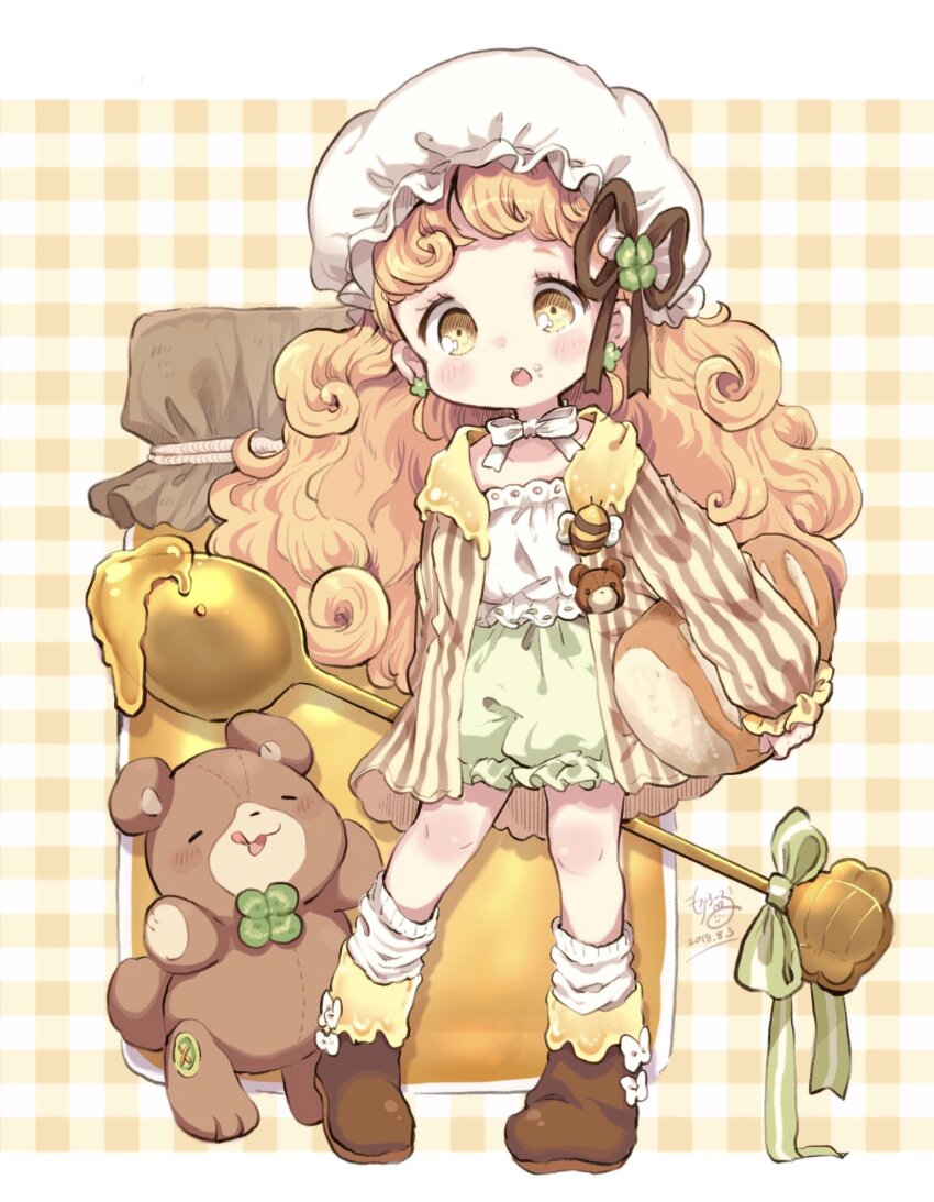 1girl, ankle_socks, ascot, bear_pin, bee_pin, blonde_hair, blush_stickers, boots