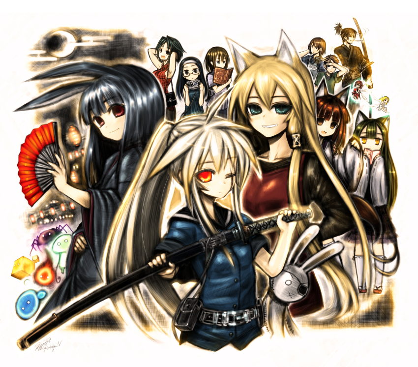 6+girls, animal_ears, bag, belt, block_(object), blonde_hair, blue_eyes, book, borrowed_character, breasts, bug, rabbit, rabbit_ears, camera, crossover, detached_sleeves, eyepatch, fairy, fire, glasses, green_eyes, green_hair, hakuji_(kotoba), handbag, hatamoto_(kotoba), highres, hinomaru_(kotoba), japanese_clothes, kokinu_(kotoba), kotoba_noriaki, lantern, long_hair, matsuyoi_(yukinagi), miko, missing_eye, moon, multiple_girls, nichi_no_maru, open_mouth, orange_eyes, orange_hair, original, red_eyes, saasa_(kotoba), scar, signature, slime_(creature), slit_pupils, smile, spider, stuffed_animal, stuffed_rabbit, stuffed_toy, sword, thighhighs, tsukimi_(yukinagi), tsukimi_shokudouki, uniform, water, weapon, wings, wolf_ears