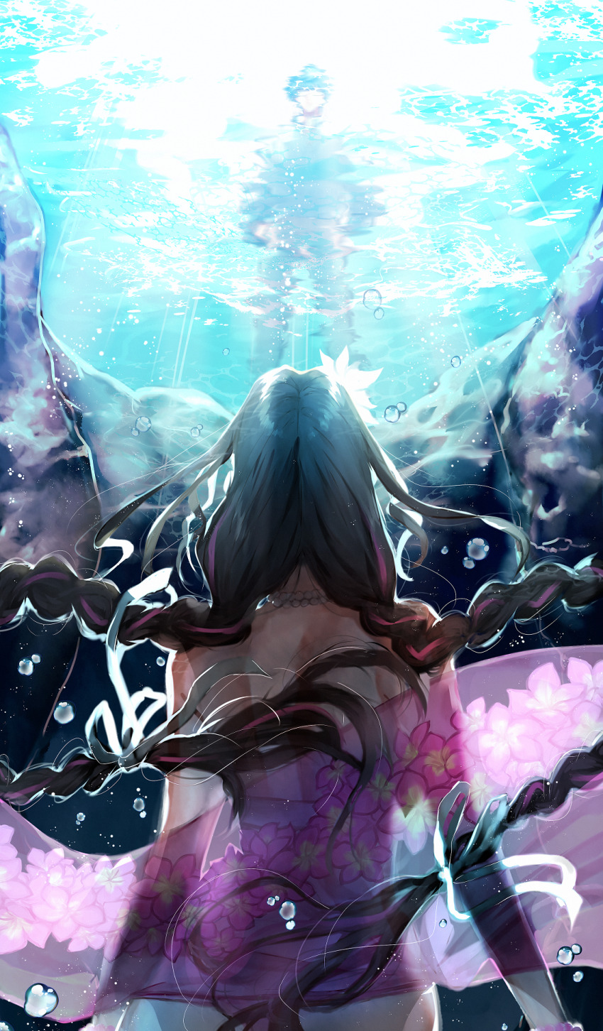 1boy, 1girl, aged_up, air_bubble, back, black_hair, blue_hair, braid