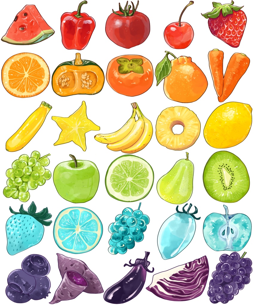 apple, banana, bell_pepper, carrot, cherry, eggplant, food, food_focus