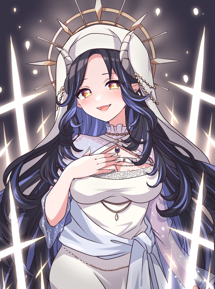 1girl, absurdres, belt, black_gem, black_hair, blue_hair, blush, breasts, brown_halo, chest_belt, cleavage, cleavage_cutout, clothing_cutout, coif, commentary_request, cowboy_shot, cross, curled_horns, demon_girl, demon_horns, dress, fangs, fingernails, gem, grey_background, grey_horns, halo, hand_on_own_chest, hebiyoi_tier, hebiyoi_tier_(2nd_costume), highres, horns, kino_haruc, large_breasts, long_hair, long_sleeves, looking_at_viewer, multicolored_hair, nanashi_inc., nun, official_alternate_costume, open_mouth, pointy_ears, sidelocks, smile, solo, two-tone_hair, virtual_youtuber, white_belt, white_dress, white_headwear