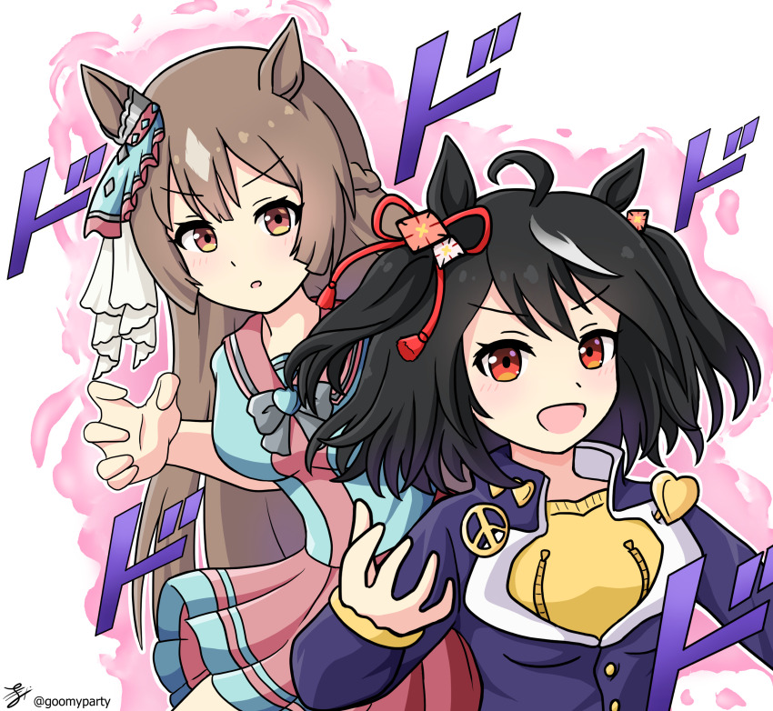 2girls, absurdres, ahoge, animal_ears, aura, black_hair, bow, bowtie