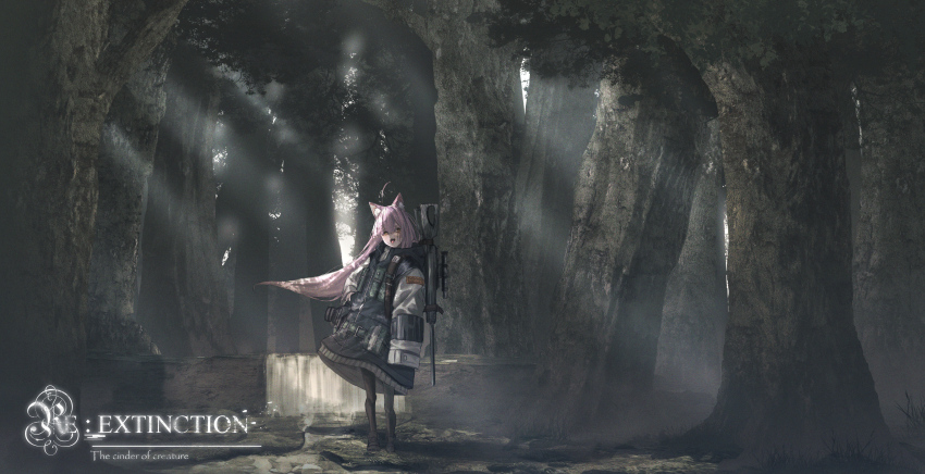 1girl, absurdres, animal_ears, cat_ears, english_text, fantasy, forest, gun