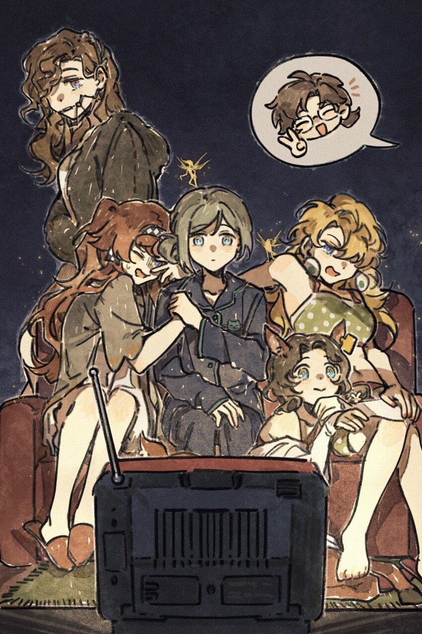 1boy, 5girls, animal_ears, annoyed, bare_legs, barefoot, blonde_hair, blonney