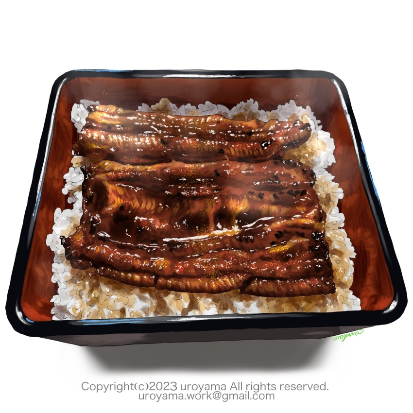 artist_name, bowl, copyright_notice, email_address, fish_(food), food, food_focus, grilled_eel, highres, no_humans, original, rice, unajuu_(food), uroyama_(macrophage), white_background