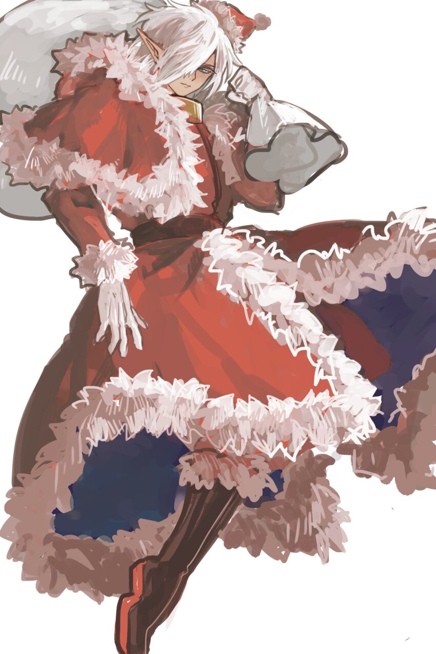 1boy, aikari_maru, arumat_p._thanatos, boots, capelet, christmas, closed_mouth, full_body, fur-trimmed_headwear, fur_trim, gloves, hat, highres, holding, holding_sack, long_hair, looking_at_viewer, pointy_ears, red_capelet, red_hat, sack, santa_boots, santa_costume, santa_hat, simple_background, solo, star_ocean, star_ocean:_the_last_hope, white_background, white_hair