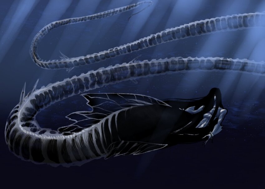 1boy, abyssal, black_hair, dizzyspells, eldritch_abomination, eldritch_god, fins, huge_tail