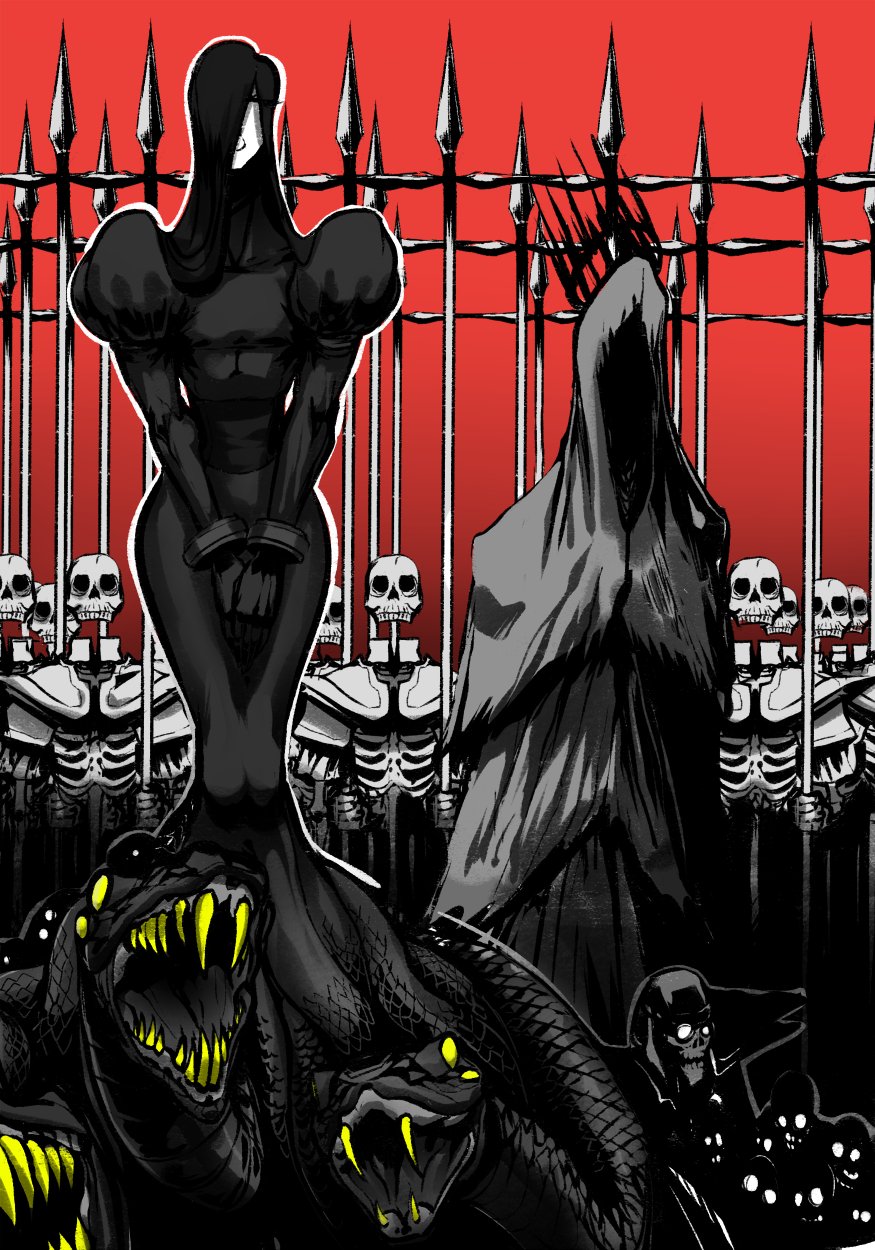 2boys, 6+others, black_dress, black_gloves, black_hair, closed_eyes, corpse, crown