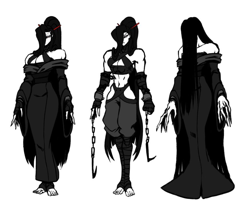 1boy, bandages, barefoot, black_bandages, black_dress, black_gloves, black_hair, black_pants, black_sclera, black_shirt, chain, clothing_cutout, colored_sclera, costume, crop_top, cuffs, curvy, dizzyspells, dress, eldritch_god, feminine, fingerless_gloves, fingernails, full_body, gloves, hair_over_face, hair_over_one_eye, highres, hip_vent, holding, holding_weapon, ink_(cibastion), long_fingers, long_hair, male_focus, midriff, monster, monster_boy, multiple_views, muscular, muscular_male, navel, one_eye_covered, original, outfits, pants, pectoral_cleavage, pectorals, ponytail, sharp_fingernails, shirt, sleeveless, toned, toned_male, very_long_hair, weapon, white_eyes, wrist_cuffs