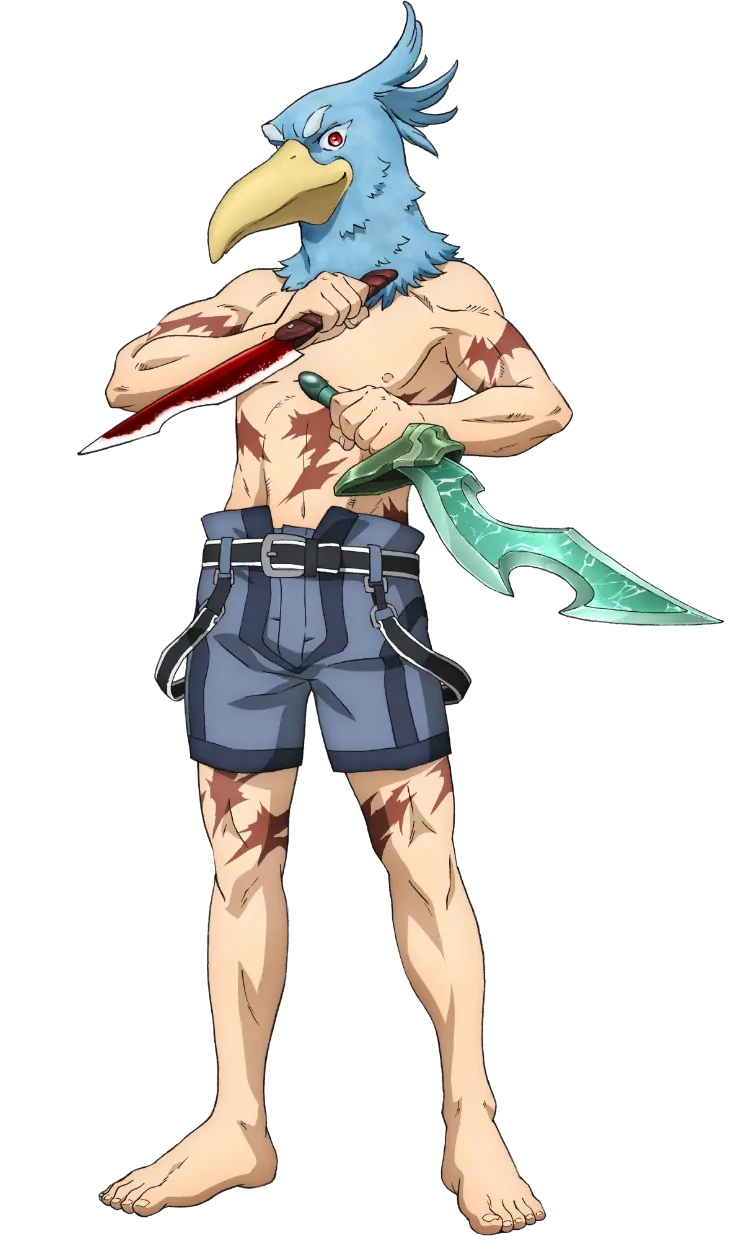 1boy, barefoot, bird_mask, blue_shorts, highres, hizutome_rakurou, knife, looking_at_viewer, mask, red_eyes, shangri-la_frontier, shorts, smile, solo, sunraku, transparent_background