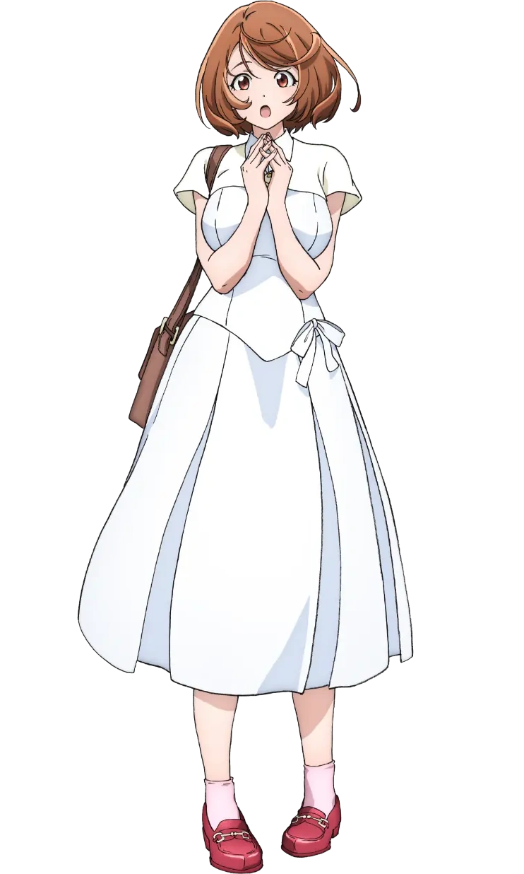 1girl, ahoge, bag, brown_eyes, brown_hair, dress, hands_up, highres, long_hair, looking_at_viewer, open_mouth, saiga_rei_(shangri-la_frontier), shangri-la_frontier, surprised, transparent_background, white_dress