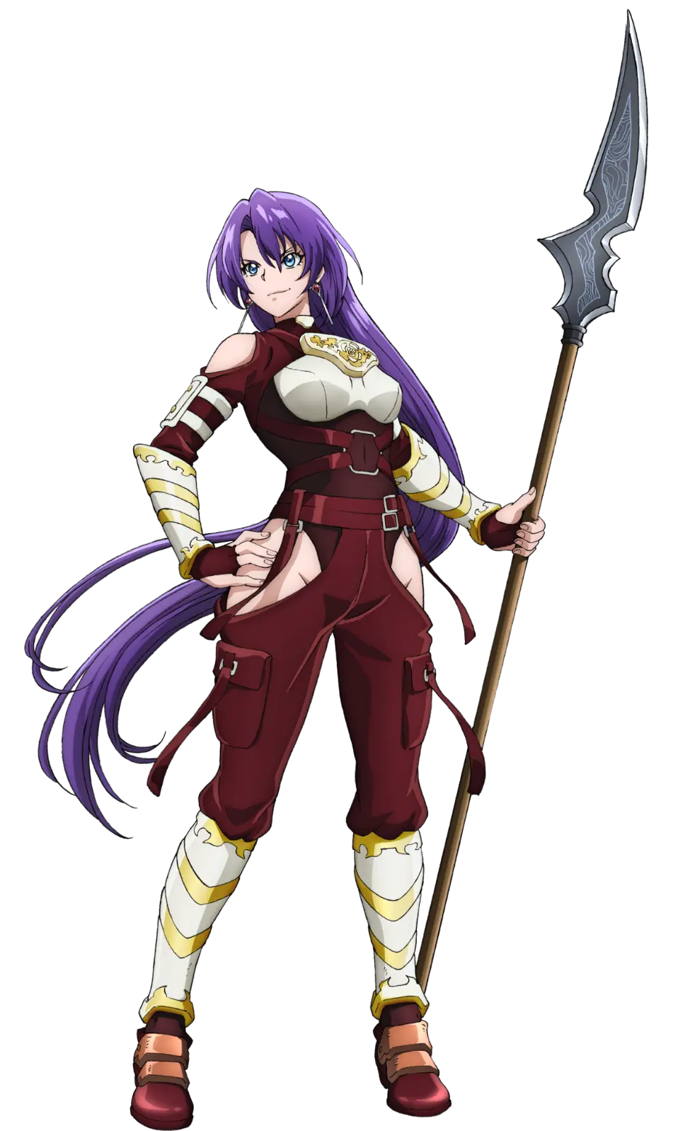 1girl, amane_towa, armor, blue_eyes, highres, long_hair, pants, purple_eyes, purple_hair, red_pants, red_shirt, shangri-la_frontier, shirt, smile, sword, transparent_background, very_long_hair, weapon