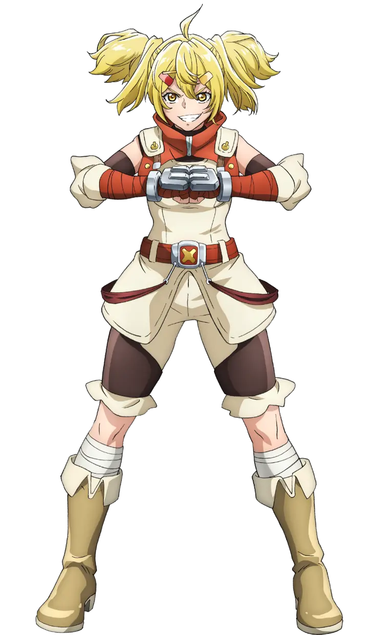 1girl, ahoge, blonde_hair, boots, genderswap, genderswap_(mtf), highres, long_hair, oikatzo_(shangri-la_frontier), overalls, shangri-la_frontier, smile, transparent_background, uomi_kei, white_overalls, yellow_eyes