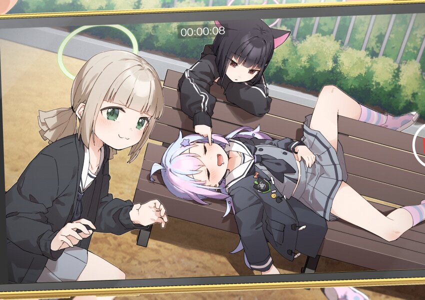 3girls, ahoge, animal_ears, black_hair, blue_archive, blush, cat_ears, closed_eyes