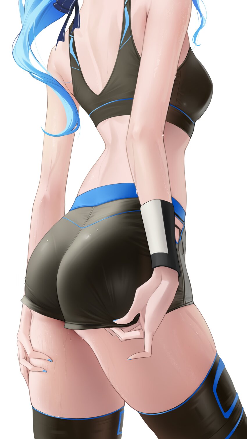 1girl, absurdres, adjusting_clothes, adjusting_shorts, ass, ass_focus, black_shorts, black_sports_bra, black_thighhighs, blue_hair, blue_nails, blue_ribbon, breasts, commentary_request, fingernails, from_side, hair_ribbon, hand_on_own_thigh, head_out_of_frame, highres, hololive, hoshimachi_suisei, long_hair, medium_breasts, nail_polish, panties, panty_peek, pantylines, ribbon, short_shorts, shorts, side-tie_panties, side_slit, simple_background, solo, somebody_(leiking00), sports_bra, sweat, sweatband, sweatdrop, thighhighs, underwear, very_sweaty, virtual_youtuber, white_background, wristband