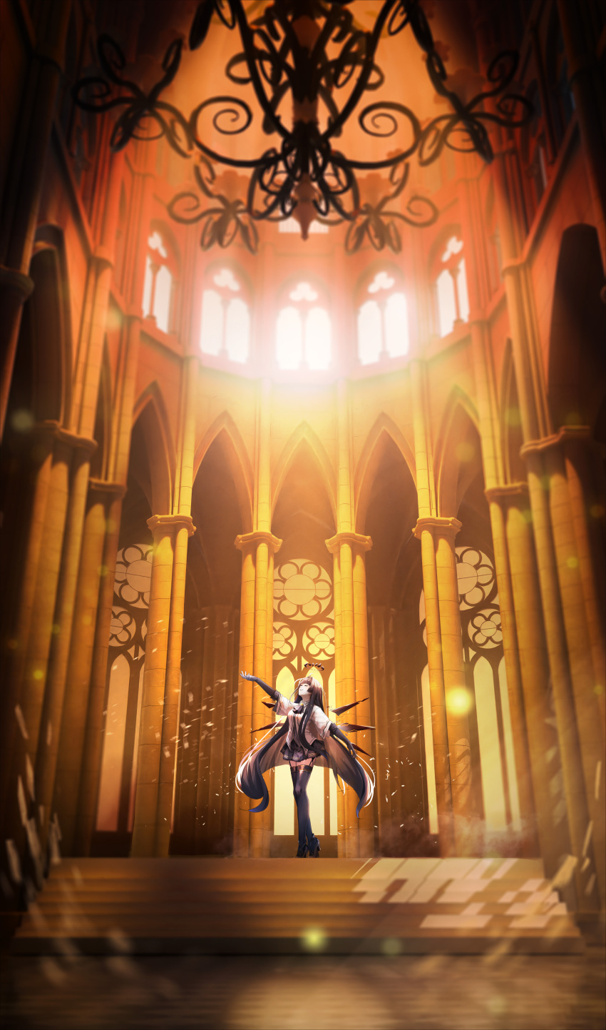 1girl, absurdres, ahoge, architecture, arknights, arm_up, ascot, black_ascot