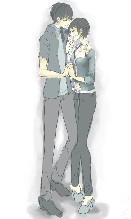 1boy, 1girl, asou_yuu, bad_id, bad_pixiv_id, belt, black_hair, blush