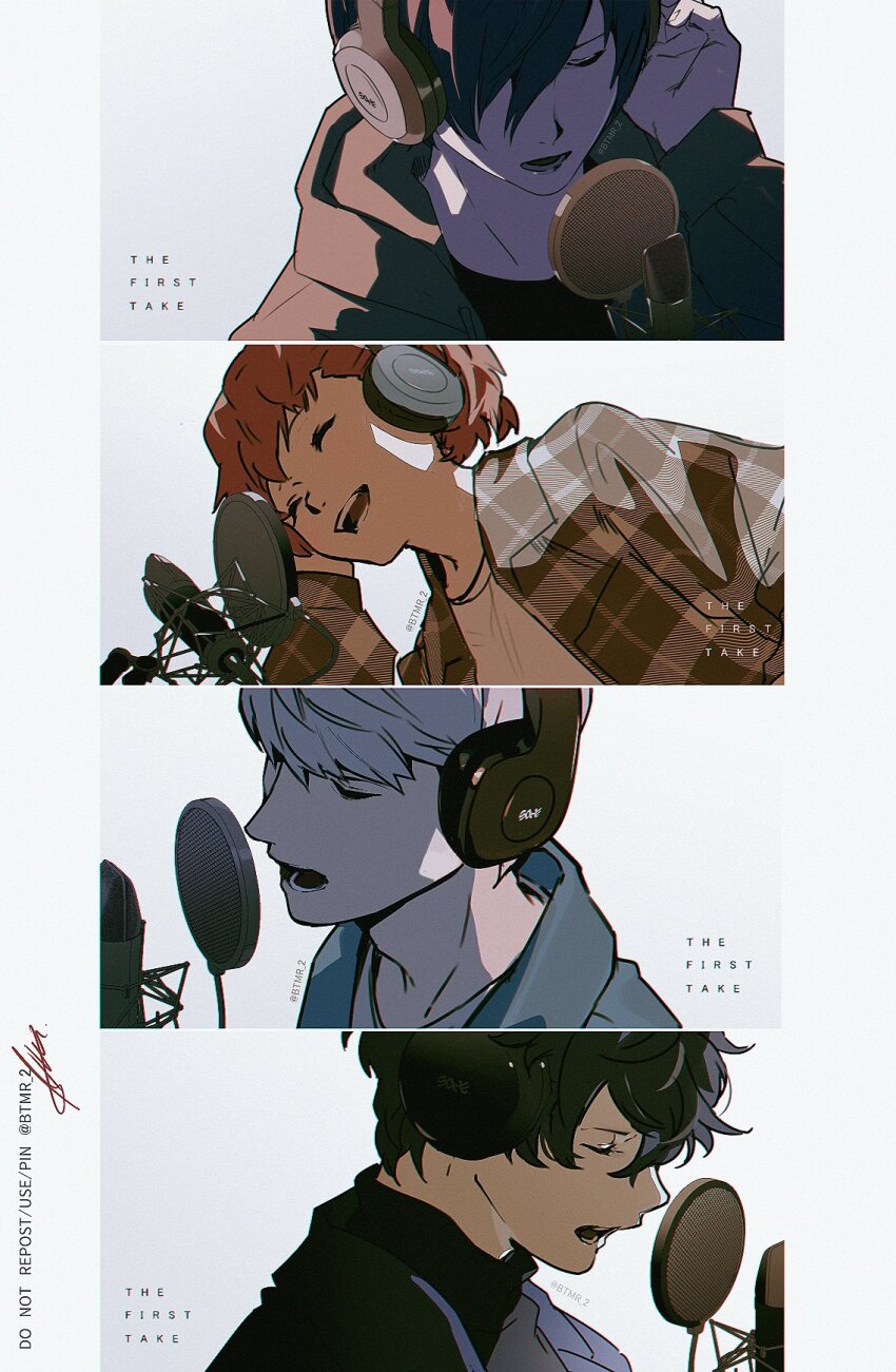 1girl, 3boys, amamiya_ren, black_hair, brown_hair, btmr_game, closed_eyes, hair_between_eyes, hair_over_one_eye, headphones, highres, hood, hood_down, jacket, long_sleeves, microphone, multiple_boys, music, narukami_yu, open_mouth, persona, persona_3, persona_3_portable, persona_4, persona_5, shiomi_kotone, signature, singing, teeth, the_first_take, twitter_username, upper_teeth_only, yuuki_makoto_(persona_3)