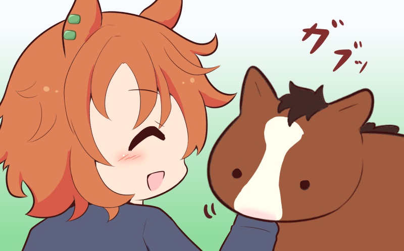 ^_^, animal_ears, biting, black_jacket, closed_eyes, cosplay, gomashio_(goma_feet), gradient_background, green_background, horse, horse_ears, horse_girl, jacket, long_sleeves, meisho_doto_(racehorse), orange_hair, parody, real_life, short_hair, simple_background, t.m._opera_o_(umamusume), umamusume, wada_ryuji, wada_ryuji_(cosplay)