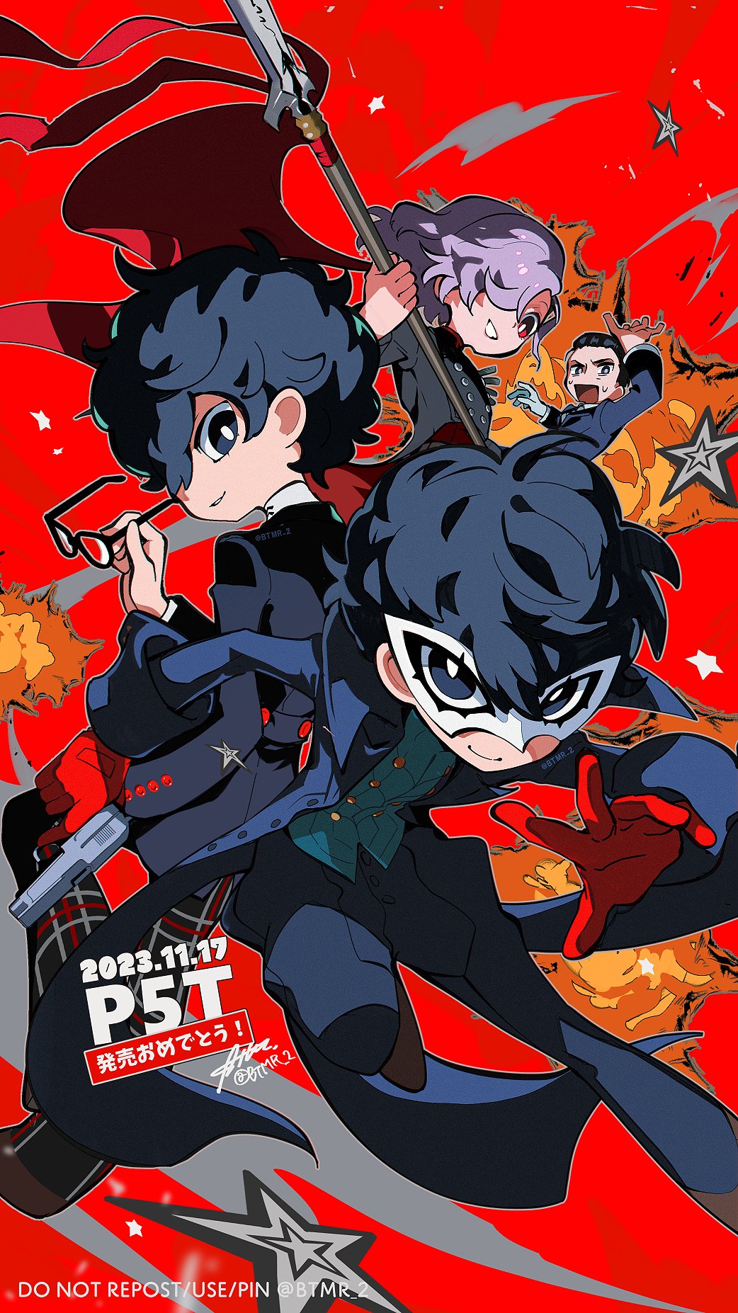 1girl, 2boys, amamiya_ren, black_coat, black_eyes, black_hair, black_jacket, btmr_game