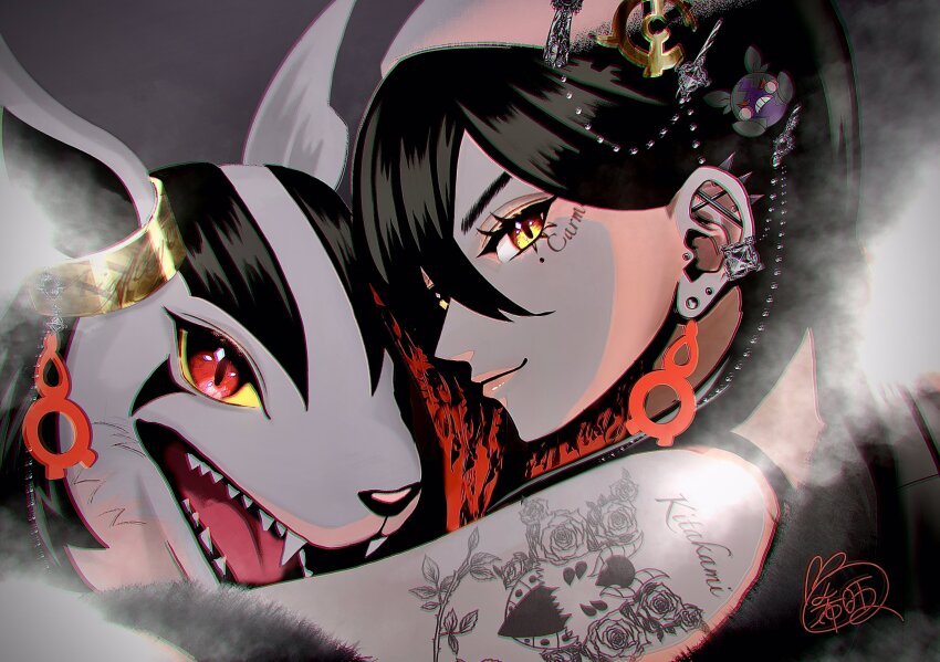 1girl, absurdres, alternate_costume, black_hair, carmine_(pokemon), character_hair_ornament, colored_inner_hair, colored_sclera, ear_piercing, earrings, eyelashes, facial_tattoo, fangs, gen_3_pokemon, gen_5_pokemon, gen_8_pokemon, hair_between_eyes, hair_ornament, highres, jewelry, kio_hutsu, long_hair, looking_at_viewer, mightyena, mole, mole_under_eye, morpeko, morpeko_(hangry), multicolored_hair, multiple_piercings, nintendo, open_mouth, piercing, pokemon, pokemon_(creature), pokemon_scarlet_and_violet, red_eyes, red_hair, shoulder_tattoo, smile, tattoo, two-tone_hair, volcarona, yellow_eyes, yellow_sclera