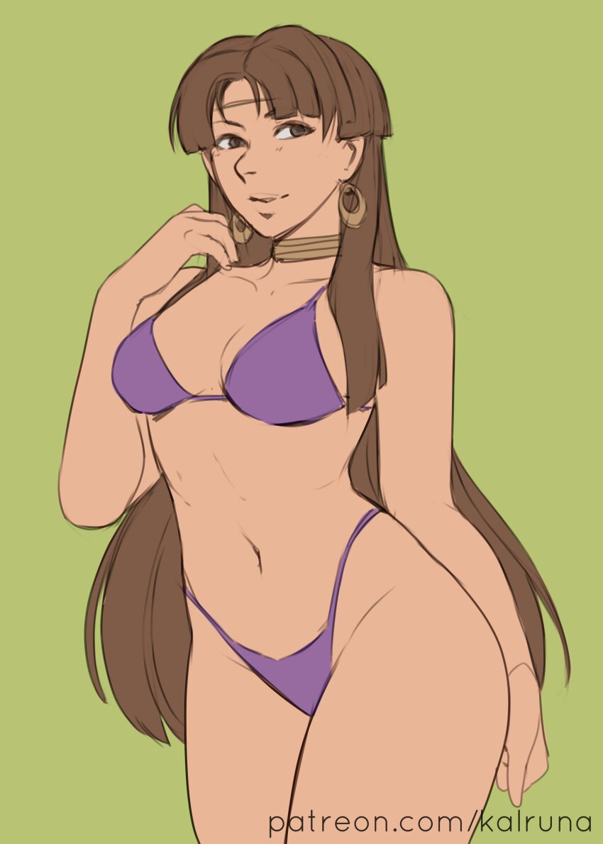 1girl, absurdres, bikini, brown_hair, earrings, highres, jewelry, kalruna