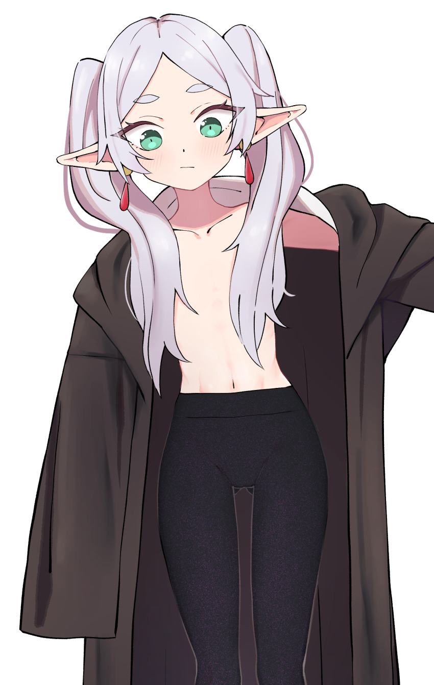 1girl, absurdres, cloak, earrings, elf, frieren, green_eyes, hair_over_breasts